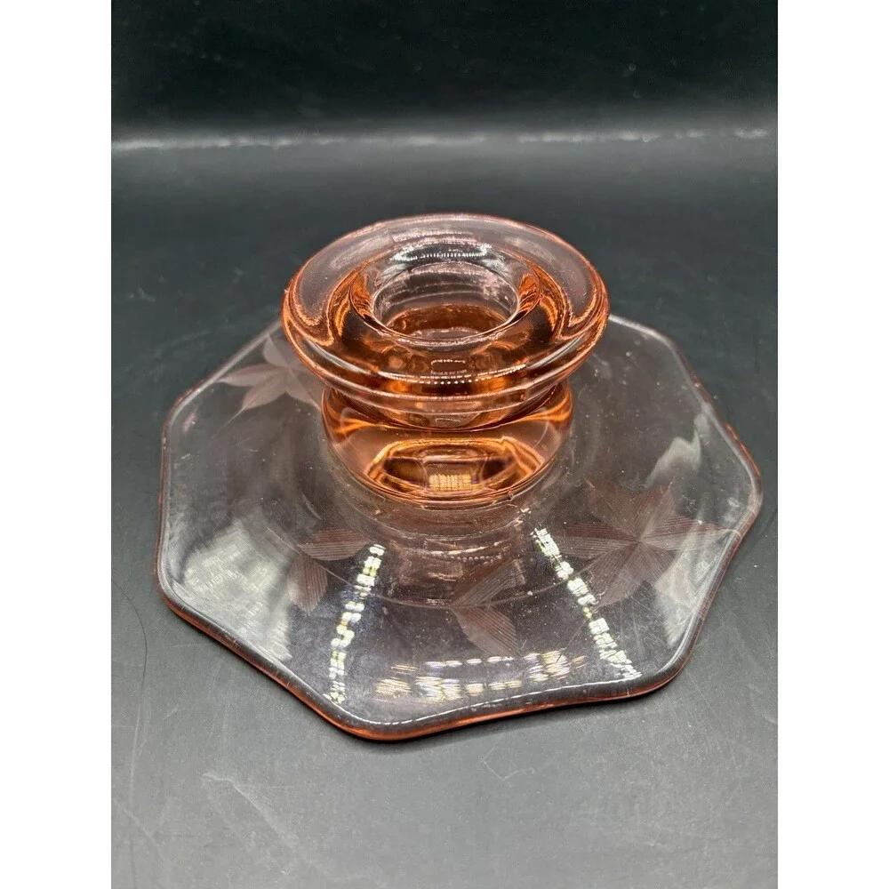 Vintage Pink Depression Glass Pillar Candle Holder Etched Floral Design